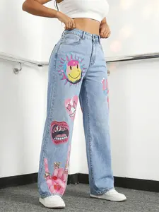 JR JEANIUS WEAR Women's High Waisted High Stretch Oversized Wide Leg Denim Jeans - Fashion Clothes, Trendy Graffiti Print,  Baggy Pants, Everyday Streetwear Bottoms ,summerwins,summeroutfits,vacationoutfits,catch print sweats Valentine's Day Pink Plaid