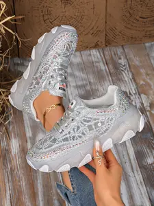 Women's Casual Thick Sole Sports Sandals, Breathable Mesh Upper, Sexy Rhinestones & Sequins, Comfortable Support, Perfect for Daily Wear & Parties, Comfy Sandals, Sporty Sandals