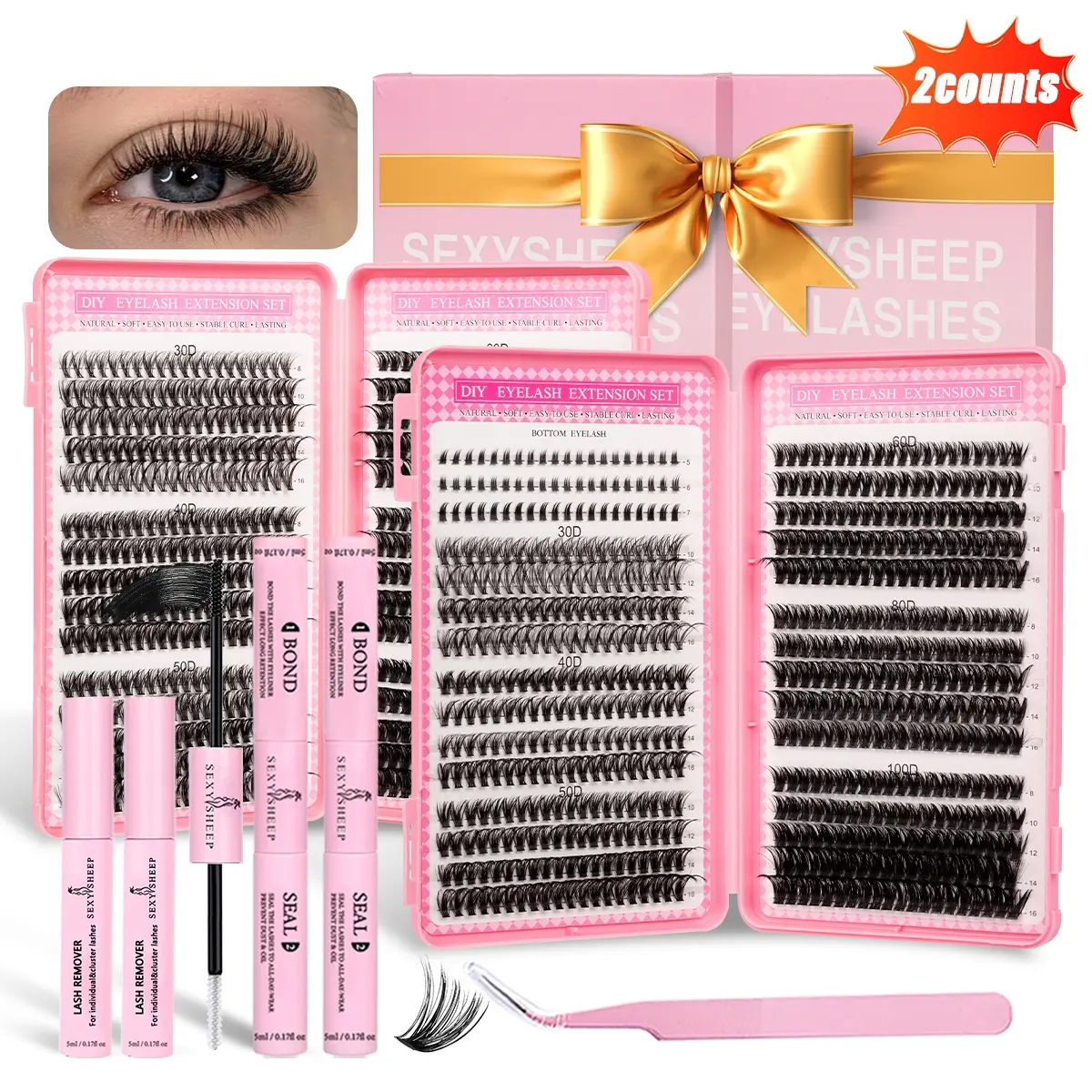 SEXYSHEEP Eyelash Extension Set Mixed with Two Boxes Of Thick Eyelash Extension Set D Curl Eyelash Cluster Single Eyelash Set with Bond&seal&remove&eyelash Tweezers DIY Eyelashes Extensions Novice Friendly Eyelash Extension Kit