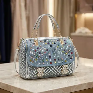 Women's Sparkling Luxury Handbag – Exquisite Woven Silver Leather & Colorful Rhinestone Crossbody Purse – Y2K Bling Top Handle Bag for Party