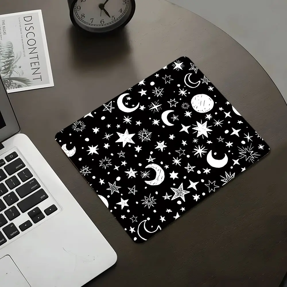Mystical Black White Starry Design Square mouse pad, Aesthetic Desktop Decorative Protective Pad, Rubber Anti-slip Lockedge Work Pad, Universal Mouse Pad, Small Size Suitable for Laptop, Desktop Computer Gaming, Work, Family, Non Slip Mousepad
