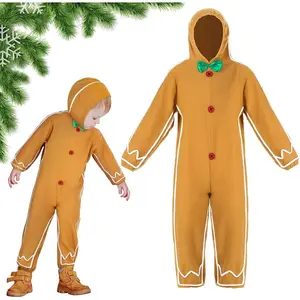 F-NG05 Gingerbread Man Costume for Kids Home Clothing Christmas Gingerbread Outfit Bodysuit Hooded Unisex