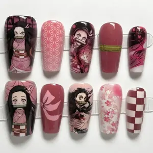 Nezuko Kamado Anime Press On Nails  Pink Kimono Pattern Y2K Coquette Aesthetic Short Coffin Shape Reusable Glue On Nails Demon Slayer Inspired Alt Cute Fake Nails Press-On Floral