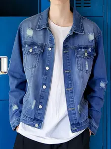 Men's Denim Jacket with Ripped Design, Stylish Lapel Collar, Washed Vintage Light Color, Short Fit, Casual Youth Fashion