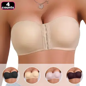 4 Pack Women's Strapless Tube Top Bra, Front Closure, Wireless, Seamless Full Coverage, Padded, Breathable, High Elasticity, Soft, Suitable for Yoga, Workouts & Everyday Wear, Fashion Bras