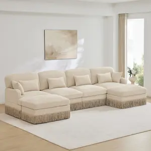 AOBTKEL，131"Comfy Chenille Leopard Printing U-Shaped Sofa,Delicate Tassel Edge,Movable Ottomans,Modern Fashion Style,Ergonomic Back and Seat Design,Easy Assembly,Deep Seat Designfor Living Room,Beige Coffee