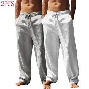 Men’s two-piece linen casual classic straight-leg pants set—breathable, comfortable, stylish long pants, perfect for outdoor travel, vacations, and everyday wear.