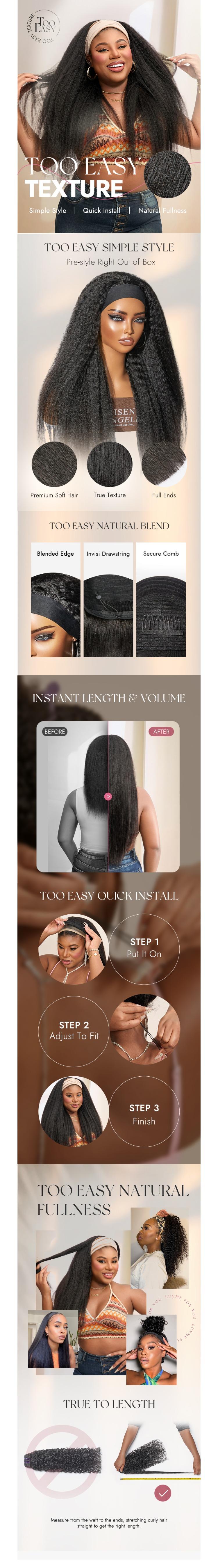 Luvme Too Easy Texture™ Wig Kinky Straight Flexi-Fit Drawstring Glueless Headband Wig (Get Free Trendy Headbands)