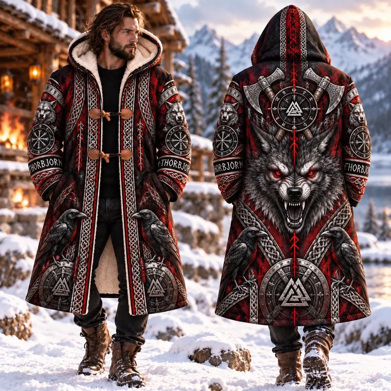 Personalized Viking Wolf Hooded Coat for Men, Norse Inspired Winter Jacket, Raven and Rune Gothic Outerwear, Dark Fantasy Warrior Gift