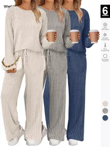 Women's Ribbed Knit 2-Piece Matching Loungewear Set, Crew Neck Oversized Long Sleeve Top, Wide-Leg Drawstring Pants with Pockets, Soft Cozy Casual