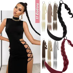 Upgraded Long Braid Ponytail Extension With Elastic Tie Straight Sleek Wrap Around Braid Hair Extensions Ponytail Natural Soft Synthetic Hairpiece 34 Inch DIY Pony Tail Black Brown Daily And Halloween Use