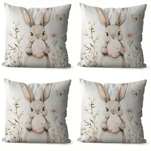 4PC, 2D flat printing, single-sided printing, multiple sizes. Set of 4 Rabbit Holding Egg Linen Pillow Covers Made of polyester fiber, machine washable. Suitable for indoor and outdoor decoration (pillow insert not included, not embroidered).