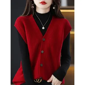 Elegant V-Neck Knit Sweater Vest for Women, Polyester Blend Sleeveless Cardigan, Solid Color, with Button Detail, for Spring/Fall
