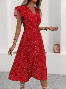 Summer Dress with Polka Dot Print, Fitted Long Dress with Front Button Design, Split Hem for Longer Legs, Perfect for Beach Vacations, Classy Modest Dress, Casual Fashionable Dress, Womenswear