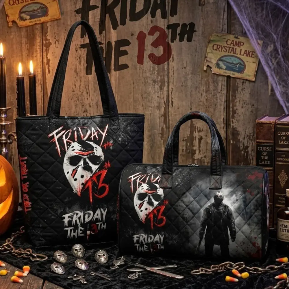 Jason Voorhees Quilted Tote Bag and Weekend Bag Set, Friday the 13th Hockey Mask Camp Crystal Lake Halloween Horror Design, Gift for Horror Movie Fans