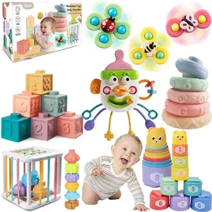 Baby Toys 6-12 Months, Montessori Toys for Toddlers 1-3 Year Old, Busy Cube Teether Infants Bath 6 in 1 Stacking Blocks Rings, Suction Cup Spinner, Shape Bin Sensory (0035)