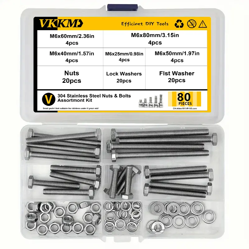 VKKM 80-Piece M6 304 Stainless Steel Hex Head Bolt Full Set - Nuts, Flat Washers, Spring Washers, Anti-Corrosion Fasteners for DIY Enthusiasts, Machinery Repair, Industrial Fixtures, Assorted Sizes
