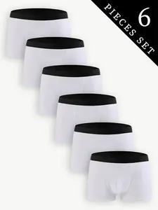 Men's solid - color Knit Plain boxer briefs, 6 - pack. Classic white with black waistbands, simple and practical. Basic style, easy to match. Suitable for daily use/travel