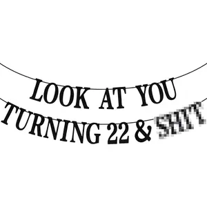 Black Glitter Look at You Turning 22 & Sh*t Banner Happy 22nd Birthday Level 22 Unlocked Cheers to 22 Years Funny 22nd Birthday Party Decorations Supplies