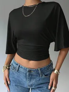 Casual Coffee Brown Batwing Sleeve Cropped T-Shirt for Night Out, Slim Fit, Round Neck, Summer Top, Soft Breathable Knitted Fabric