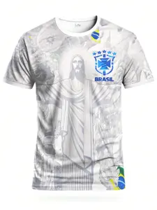 Brazil Statue Special Edition Men's Soccer Jersey & Crew Neck Comfortable Sports Top, Suitable For Match, Football Training, Casual And Holiday Wear, Gift White Spring