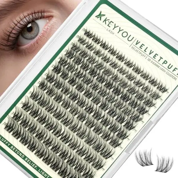 KEYYOU Lash Clusters Wispy Cluster Eyelash Extensions, 0.03mm Ultra-Thin, C Curl 8-16mm 3D Natural Look Soft Lightweight DIY Lashes, 120pcs Velvetpuff-A