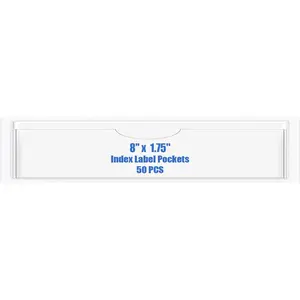50 PCS Self-Adhesive Index Label Pockets, Clear Plastic Peel & Stick Card Holders with Top Open for Loading (8 x 1.75 inch)