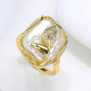 【Square Pearl Ring】Pearls Rings Adjustable Freshwater Pearl Natural