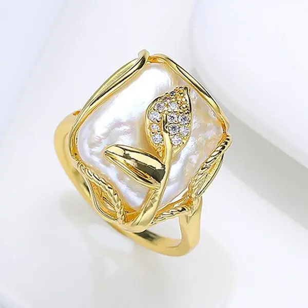 【Square Pearl Ring】Pearls Rings Adjustable Freshwater Pearl Natural