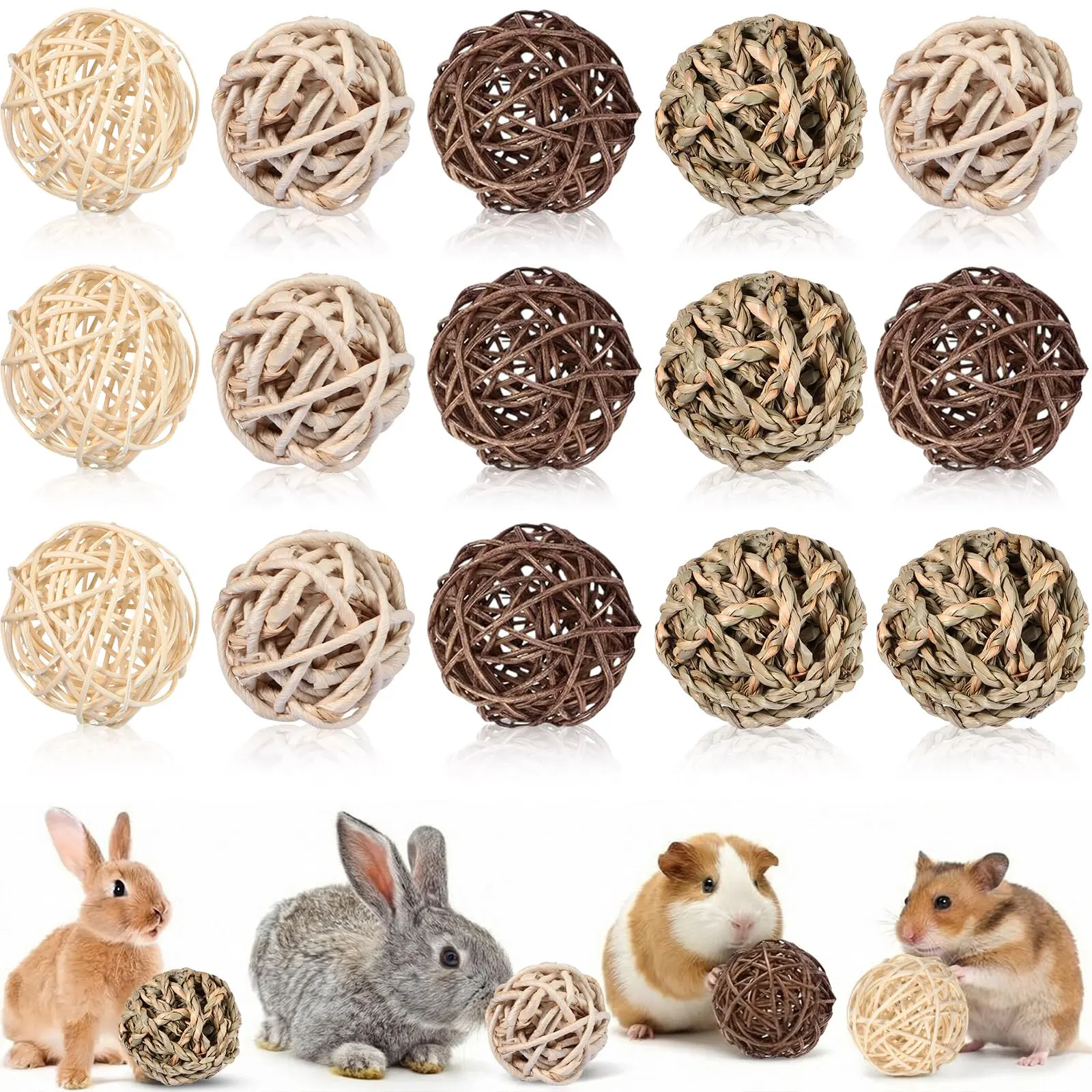 15-Pack Natural Fiber Bunny Chew Balls - Small Animal Chew Toys for Rabbits, Multiple Species, Dental Health Support, Rolling Play