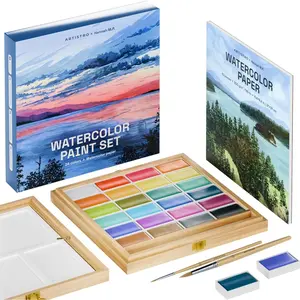 Professional Limited Edition 24 Colors Watercolor Paint Set in Bamboo Wooden Box (6ml XL Pans), includes 2 Brushes, Watercolor Paper, Mixing Tray, ideal watercolor set for professional use