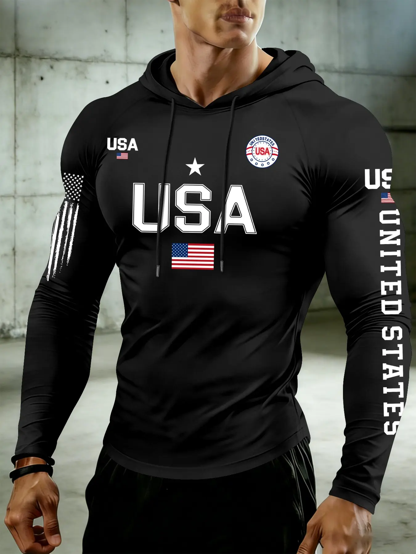 Men's Streetwear Usa Flag Print Hooded T-Shirt, Muscle Fit Long Sleeve, Breathable Gym Training Top, Sporty Style, All Seasons, Athletic Sports Clothing, Athletic Hooded Shirts, All Season Activewear