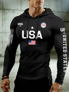 Men's Streetwear Usa Flag Print Hooded T-Shirt, Muscle Fit Long Sleeve, Breathable Gym Training Top, Sporty Style, All Seasons, Athletic Sports Clothing
