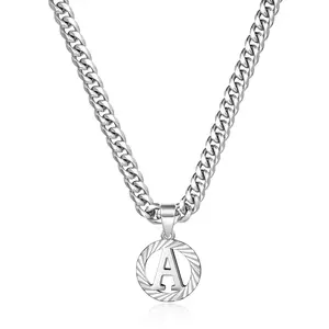 KISSYAN Silver Initial Necklace,14K Gold Plated Round Letter Pendant Hollow Capital Monogram 5mm Cuban Chain Necklace Alhpabets from A-Z Dainty Jewelry for Women Men