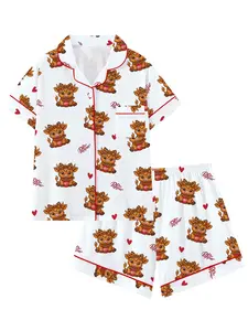 Teen Girls Cute Leopard cow  dr Pepper Pattern Short Sleeve Sleepwear Set, Cartoon Print Pajama, Loose Fit All Season Comfortable Pajamas, Perfect Gift Idea