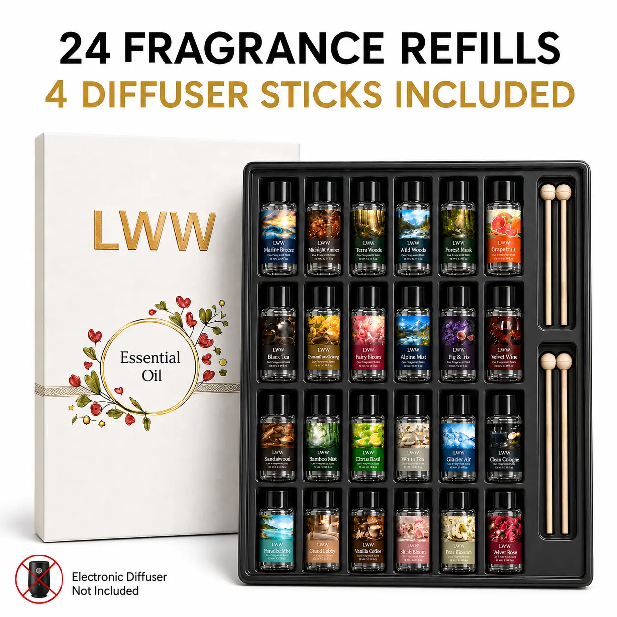 LWW 24-Pack Car Fragrance Refill Oils, 10 mL Each, 24 Assorted Scents with 4 Diffuser Sticks & Gift Box, Refill Set Only