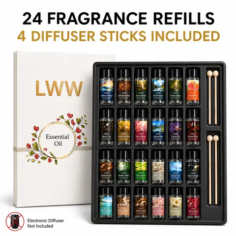 LWW 24-Pack Car Aromatherapy Refill Oils, 10 mL Each, 24 Assorted Scents, 4 Diffuser Sticks & Gift Box (Refill Set Only)