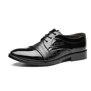 Men's Classic Patent Leather Formal Shoes - Lace-Up Croc-Embossed Office Derby Footwear