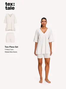 TexTale Women’s Breathable Cooling V-Neck Off-Shoulder Lounge Set Elastic High Waist 2 Piece Outfit
