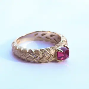 Woven Style Lab-grown Ruby Silver Ring - Golden Color
