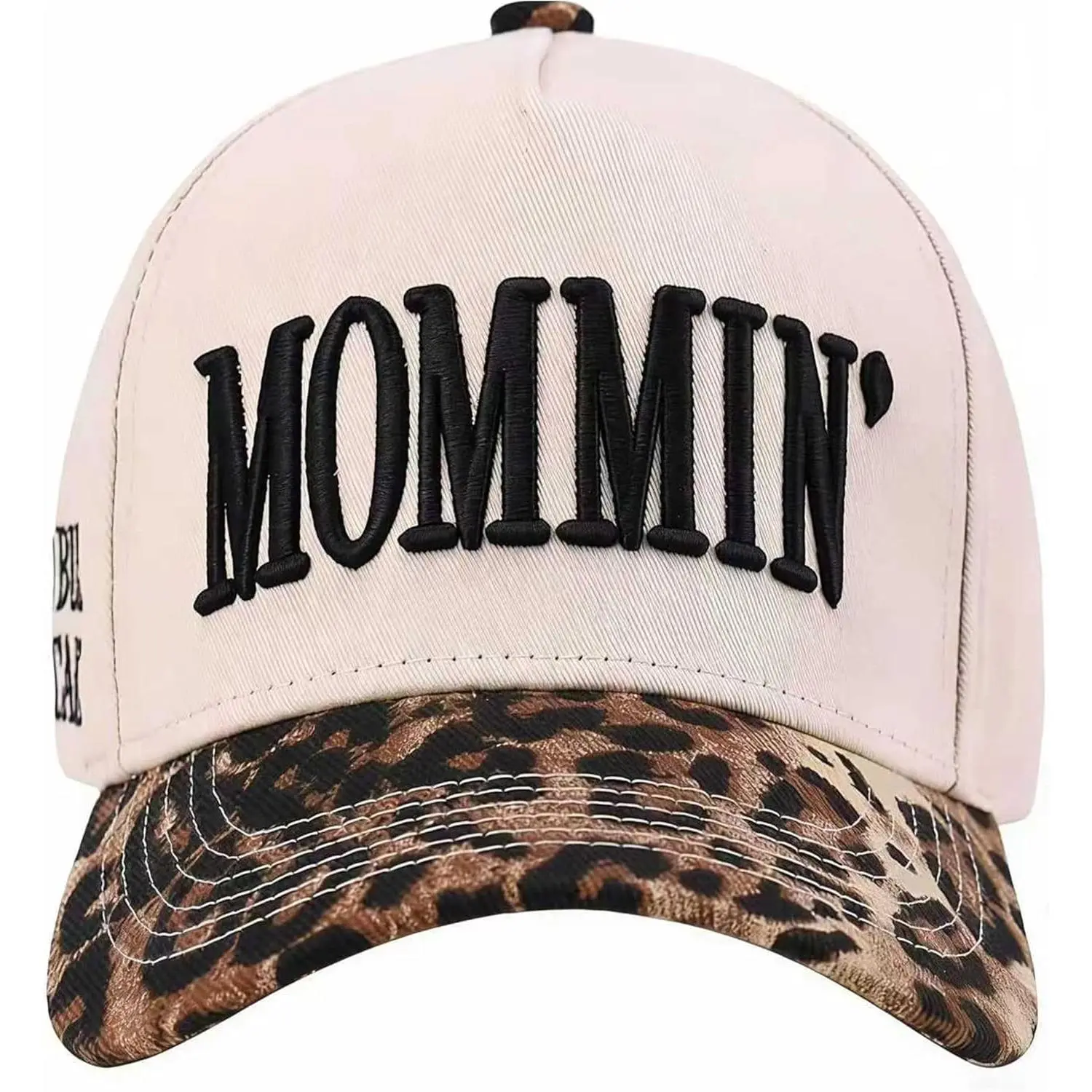 Women's Vintage Trucker Cap, Street Casual Leopard Print Hat with 'Mommin' Embroidery, Snapback Closure & High Ponytail-Fit, Animal Print