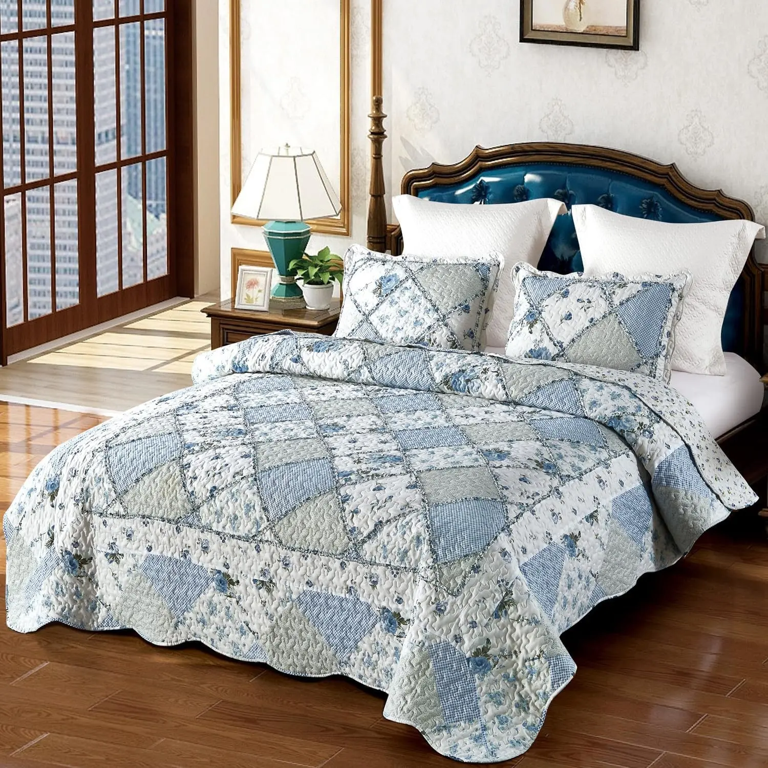 Oversized King Size Blue Floral Plaid Patchwork Quilt Set 128x120 Extra Wide Super King Size Rversible Quilted Bedspread Coverlet Set 3-Piece Comforter Bedding Set Bed Cover with 2 Pillow Shams