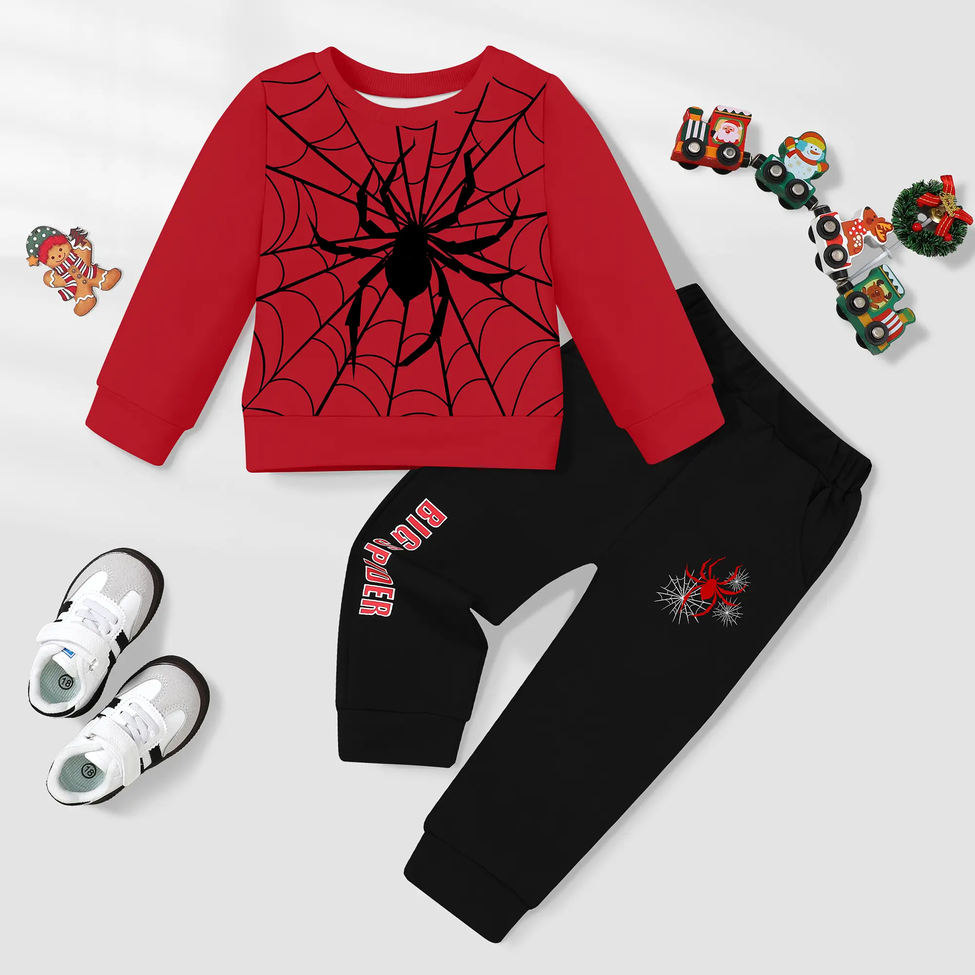 Toddler Boy Spider Graphic Matching Tracksuit, Red Spider Web Sweatshirt Black Jogger Pants Halloween Daily Casual Wear Outfit