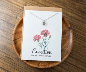 Carnation Necklace - Custom January Birth Month Flower Charm Pendant Silver or Gold Floral Jewelry Gift for Birthday Holiday Special Occassions Keepsake With Greeting Card