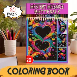 1PC Mosaic Butterfly Coloring Book by Numbers, 20 Pages Single-Sided, DIY Drawing Gift, Stress Relief Present for Back-To-School, New Year, Valentine's Day, Christmas