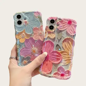 Flower Case for iPhone 17 16 15 14 13 12 11 Pro Max Plus Air Soft TPU Retro Oil Painting Girly Phone Cover with Sparkly Floral Design Orange White Magnetic Ultra-Thin Protective Case for Women and Girls beautiful