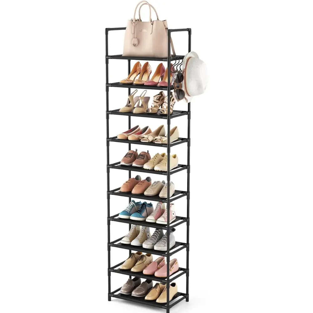 10 Tiers Tall Shoe Rack 20-25 Pairs Boots Organizer Storage Sturdy Narrow Shoe Shelf for Entryway, Closets with Hooks, Black