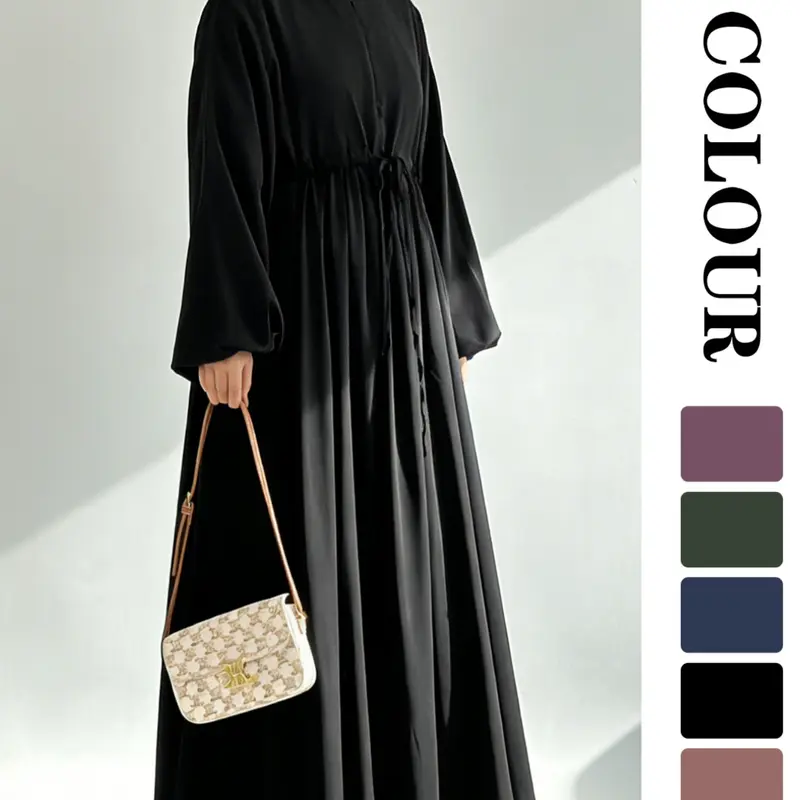 Women's Solid Color Belted Arabian Abaya Dress, Elegant Long Sleeve Round Neck, Islamic Modest Clothing for All Seasons, Islamic Modesty Clothes, Ladies Daily Wear