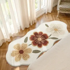 Retro floral pattern beige irregular carpet European and American pastoral style bedroom living room plush soft thickened non-slip washable carpet, Washable Area Rug, Machine Washable Rug