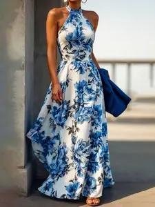 Elegant Floral Print Dress for Women, Bohemian Style Chic Halter Sleeveless Long Dress, Perfect for Summer, Parties, Weddings, Casual Wear